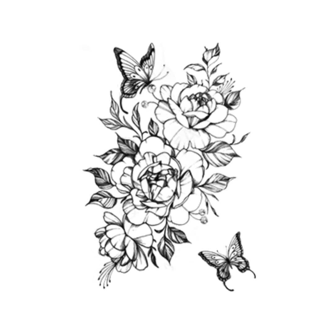 Medium Temporary Tattoo - Peonies & Butterflies | Toochi Tattoo